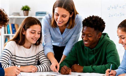 Une enseignante aide un groupe de lycéens.
